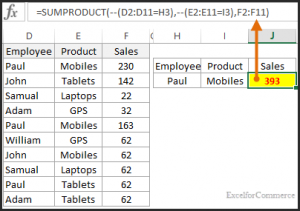 sum product in excel 2